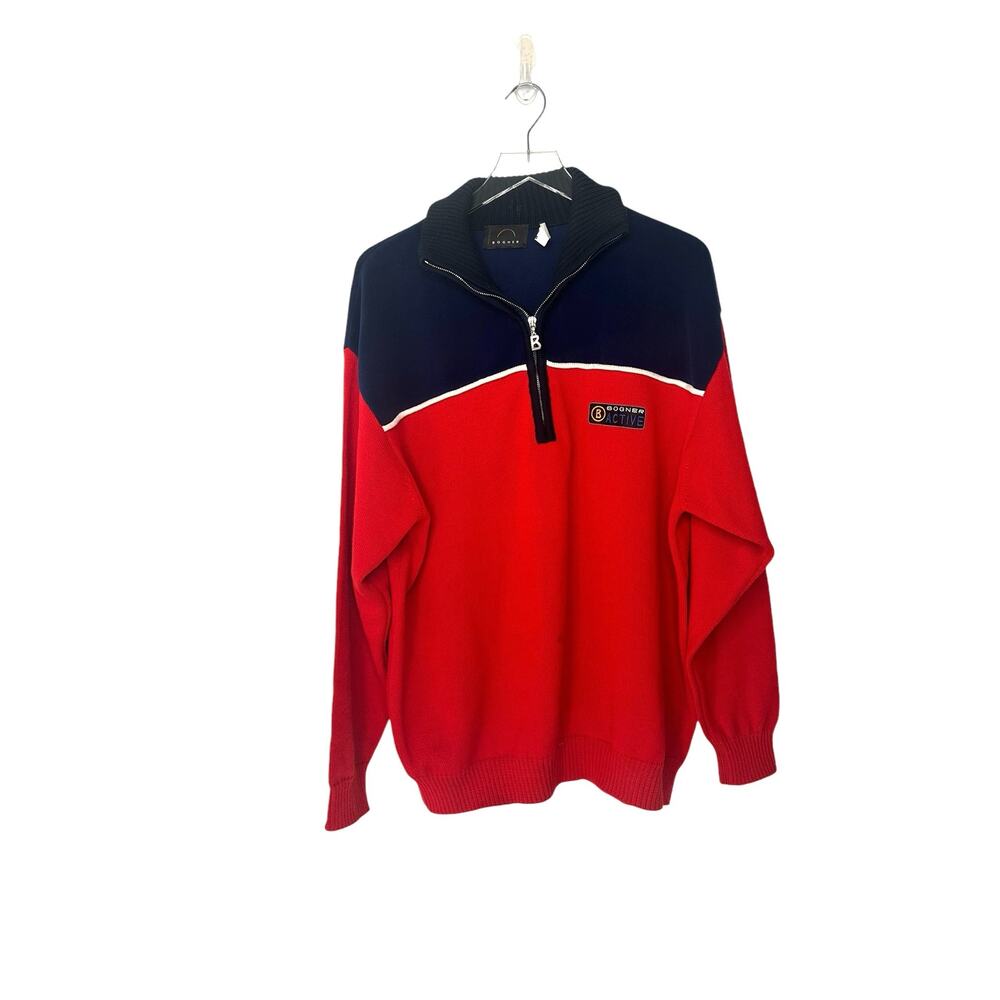 Bogner Men's Blue Red Turtle Neck Cable Knit Half Zip Fleece Sweater Size XL‎